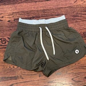 Vuori Olive Women's Athletic Shorts with Gray Waistband Halo